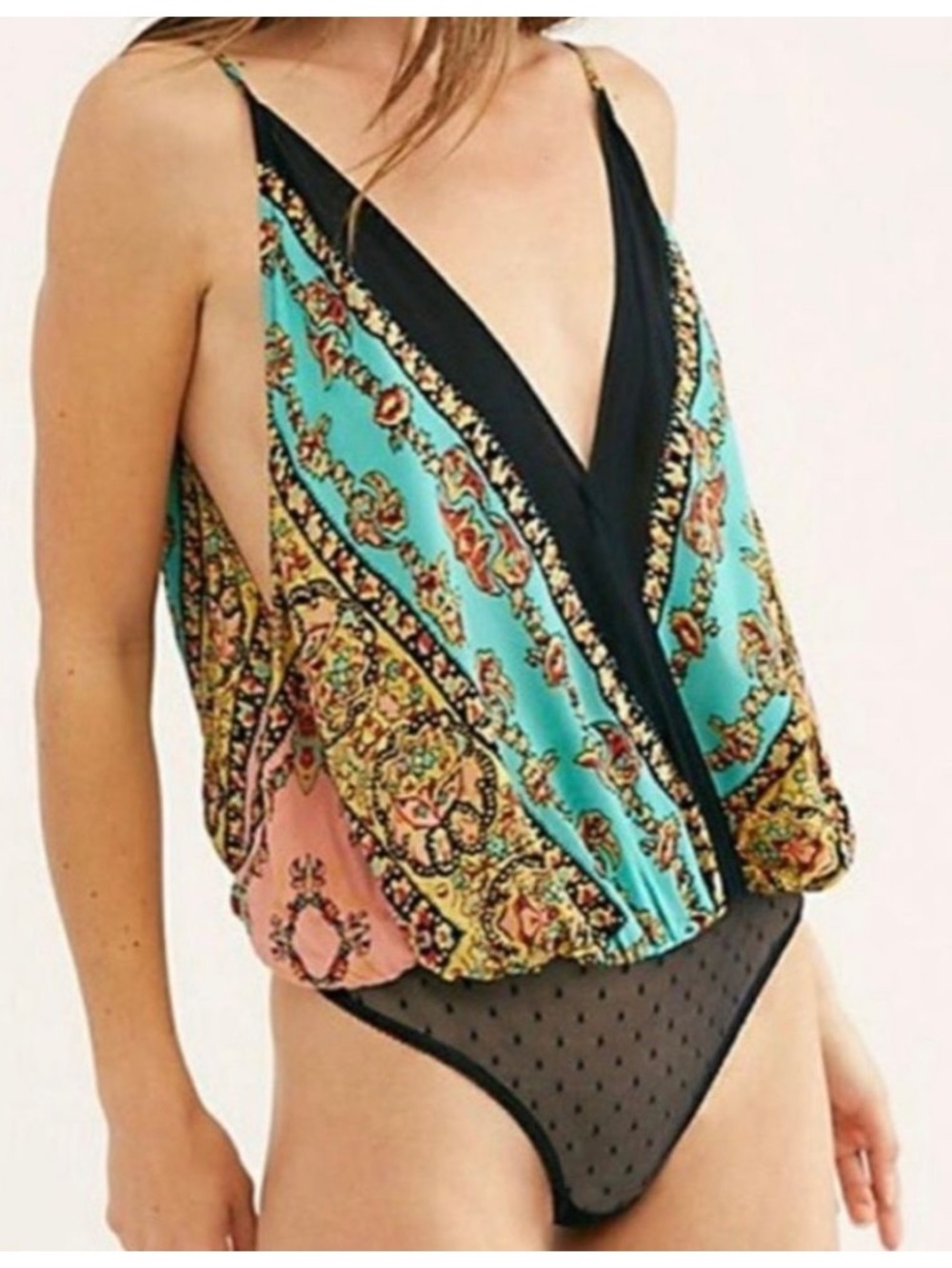 Free People Intimately Border Babe Mesh Thong Surplice Bodysuit size S